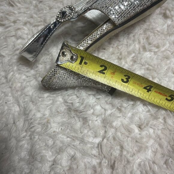 EY Boutique silver glitter &patent silver trim 3”heels satin gray bow accentSZ12 - Picture 12 of 13